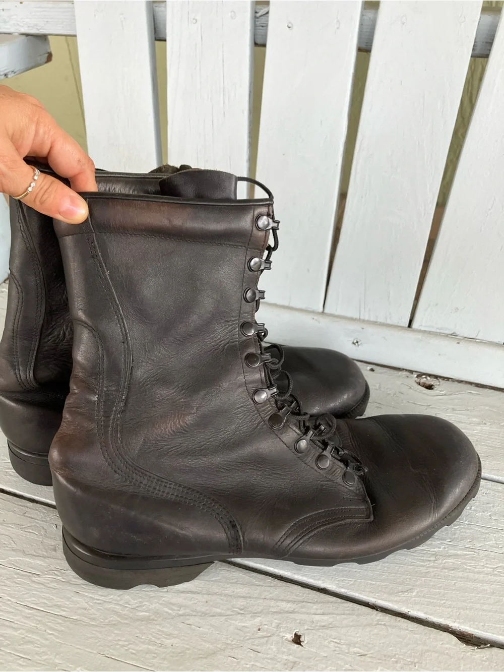 Men's Black Leather Lace-Up Combat Boots RO SEARCH Vintage Military